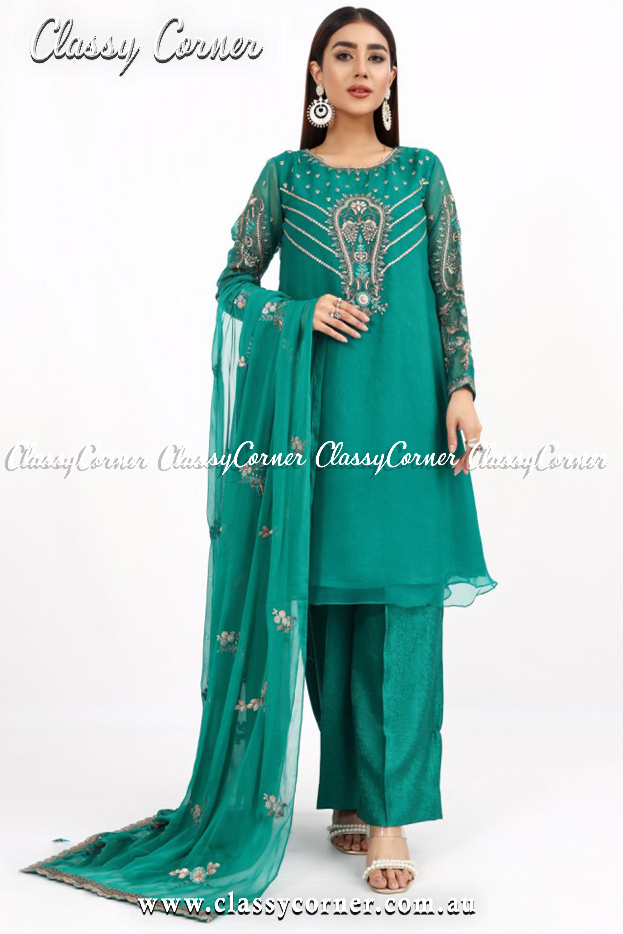 Greenish-Blue Chiffon Salwar Kameez - Classy Corner