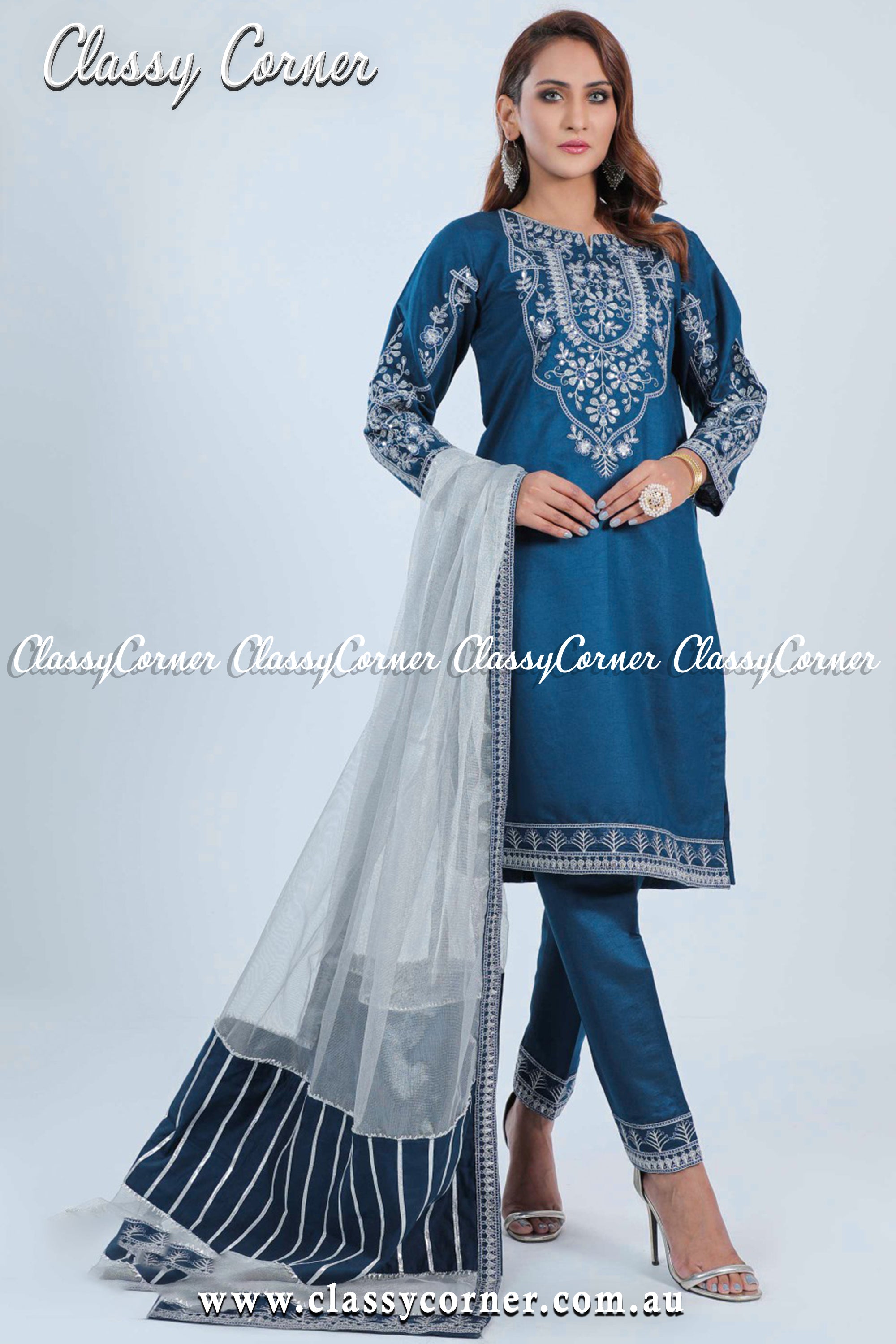 Blue Silver Pakistani Formal Wear - Classy Corner