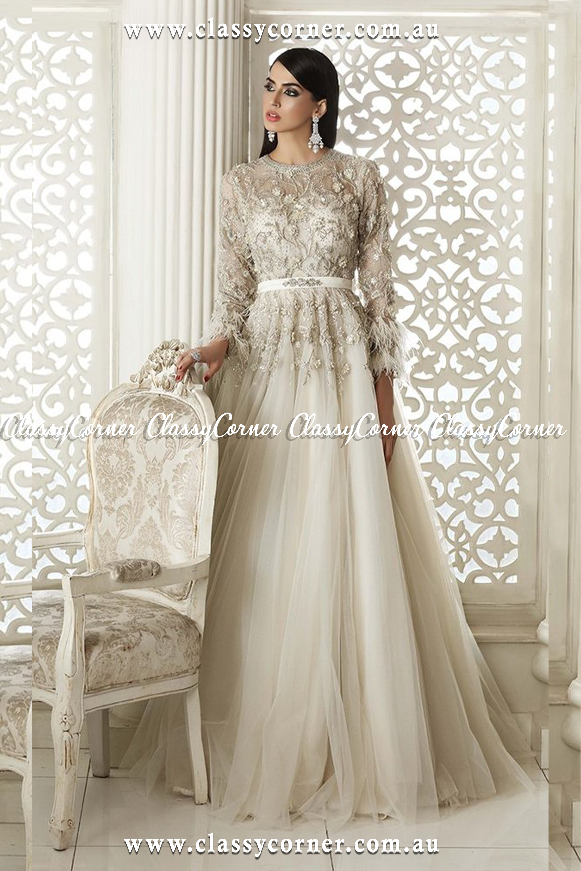 White Silver Net Bridal Gown - Classy Corner