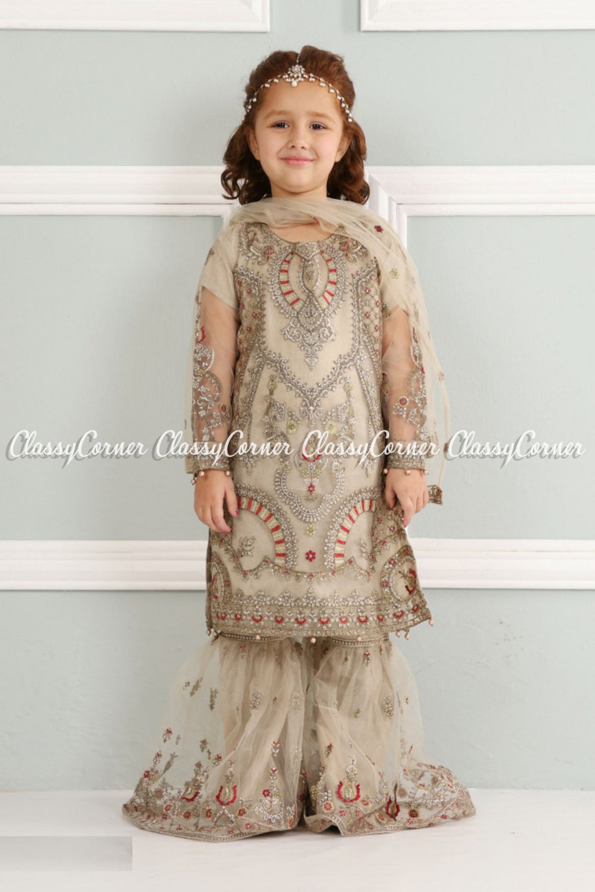 Grey Red Embroidered Net Gharara Dress