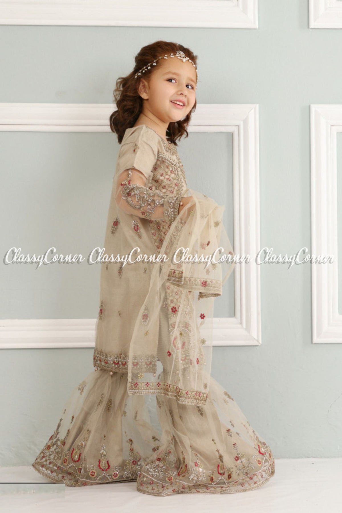 Grey Red Embroidered Net Gharara Dress