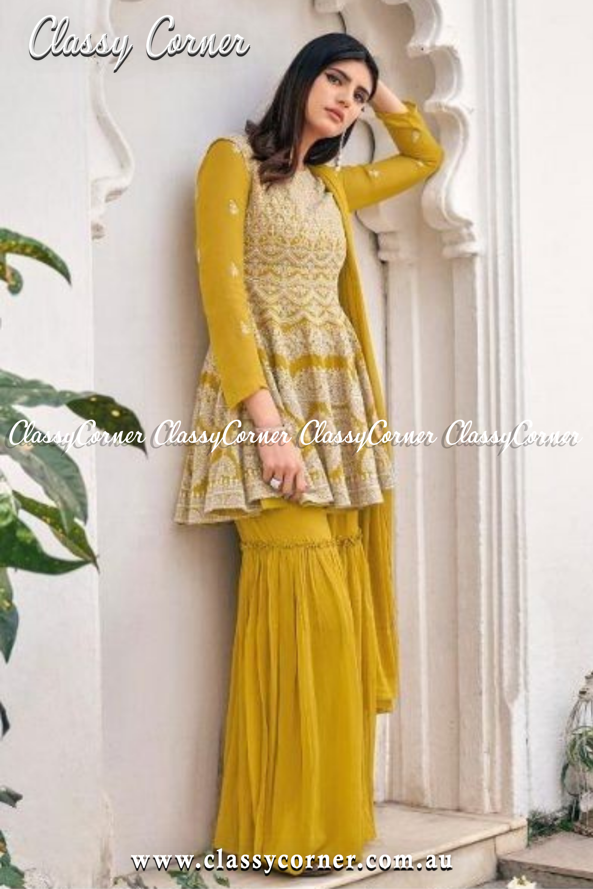 Mustard Yellow Embroidered Gharara Suit - Classy Corner