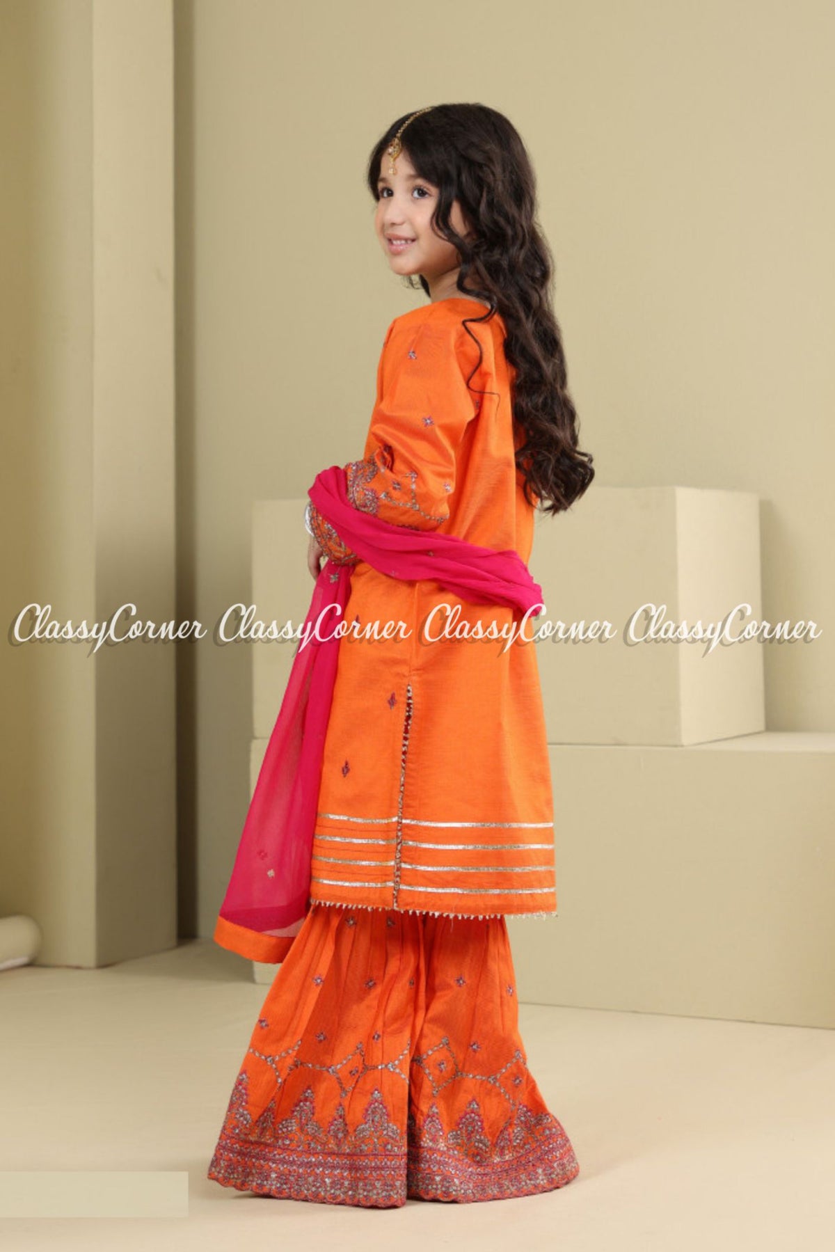 Girl&#39;s Orange Pink Katan Embroidered Gharara Dress