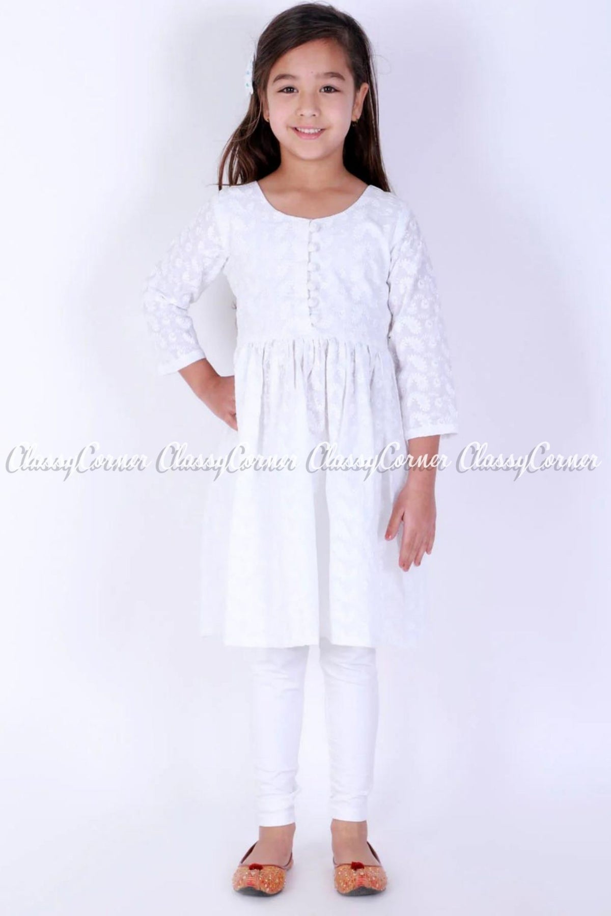 Girls White Pure Cotton Embroidered Kurta Payjama
