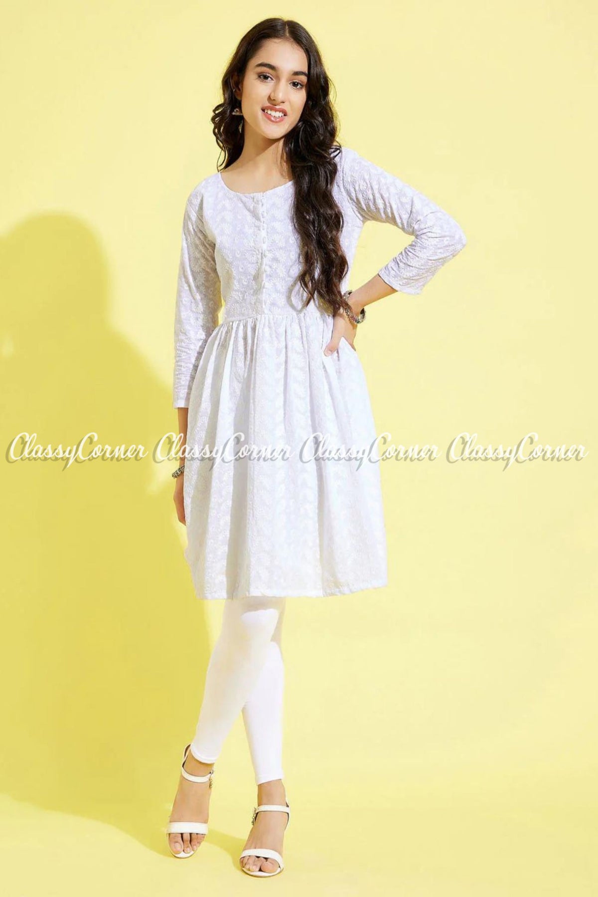 Girl&#39;s White Pure Cotton Embroidered Indian Kurta Payjama