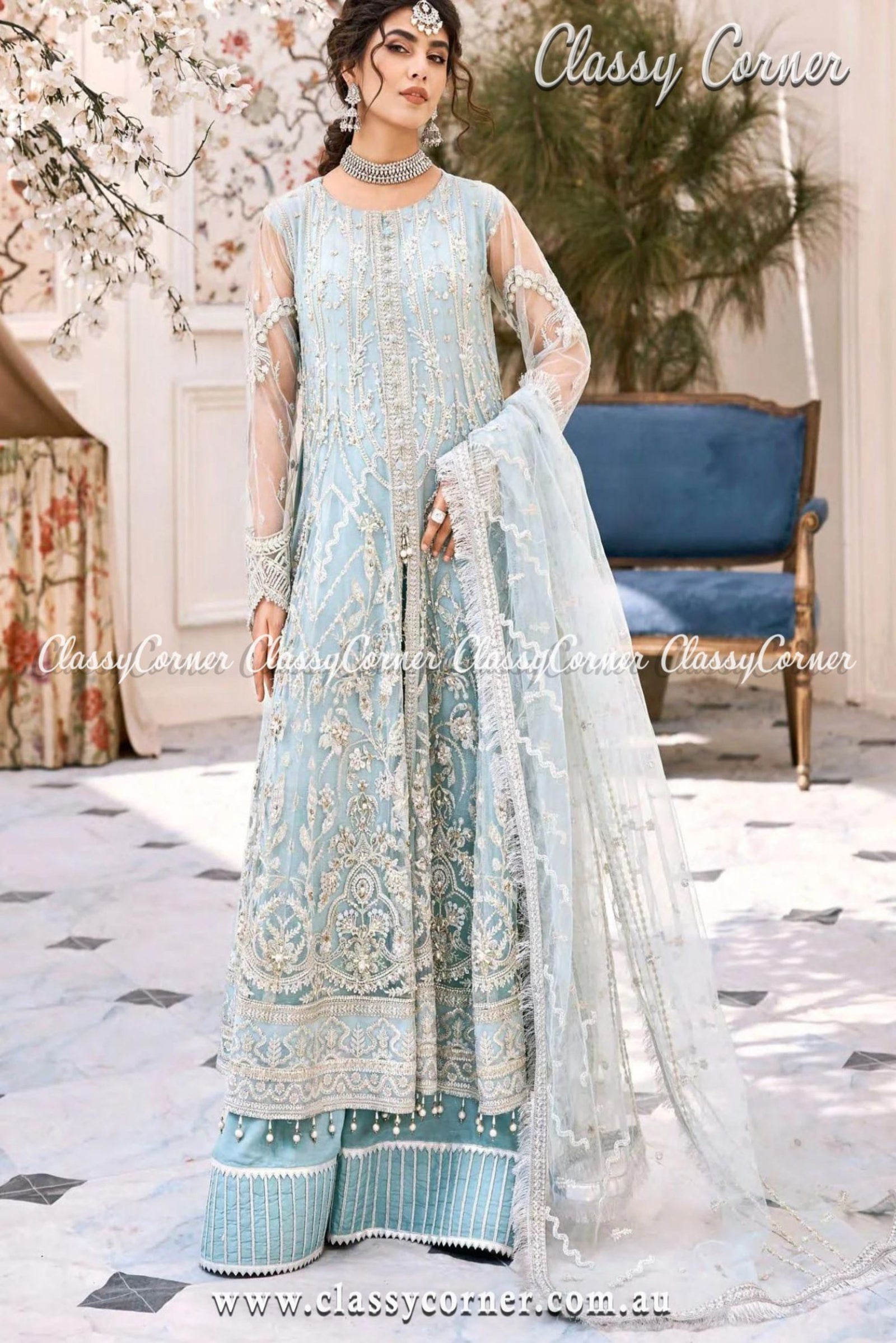 Blue Indian Pakistani Bridal Gown Anarkali Suit In Net SFVPL18803 –  ShreeFashionWear