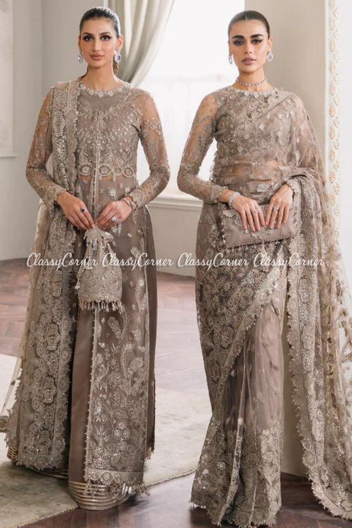 Beige Net Embroidered Party Wear Gown Saree