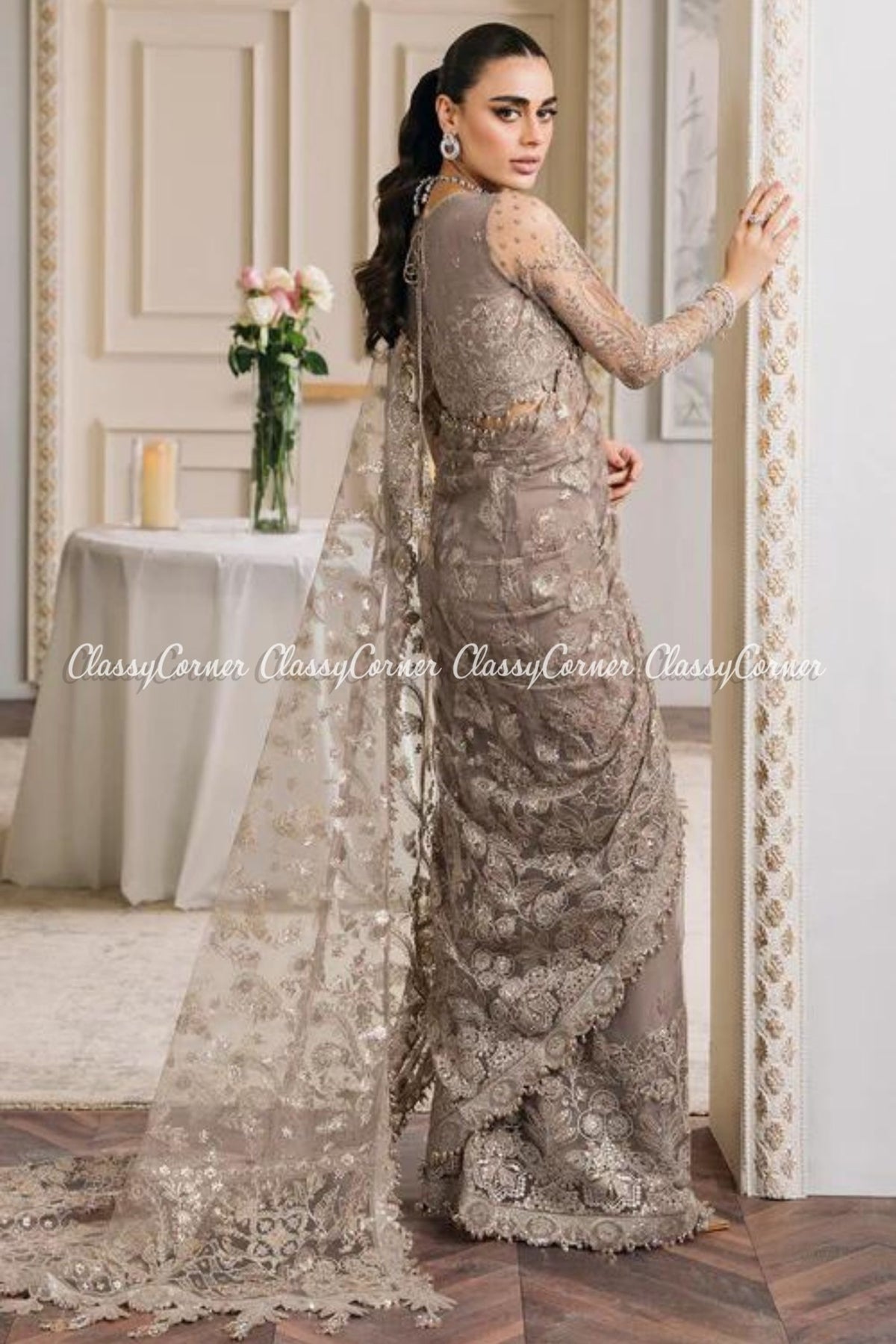 Beige Net Embroidered Party Wear Gown Saree