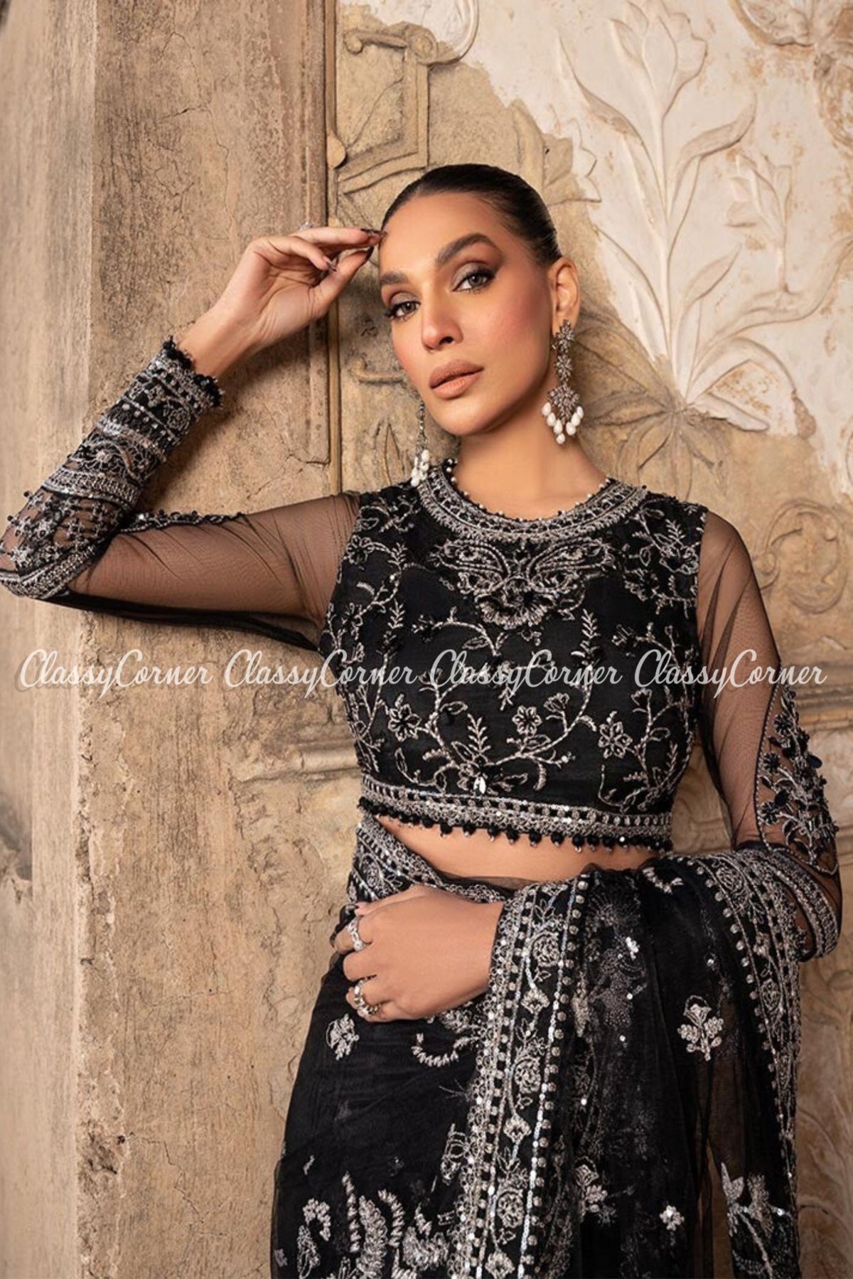 Black Silver Net Embellihed Party Wear Saree