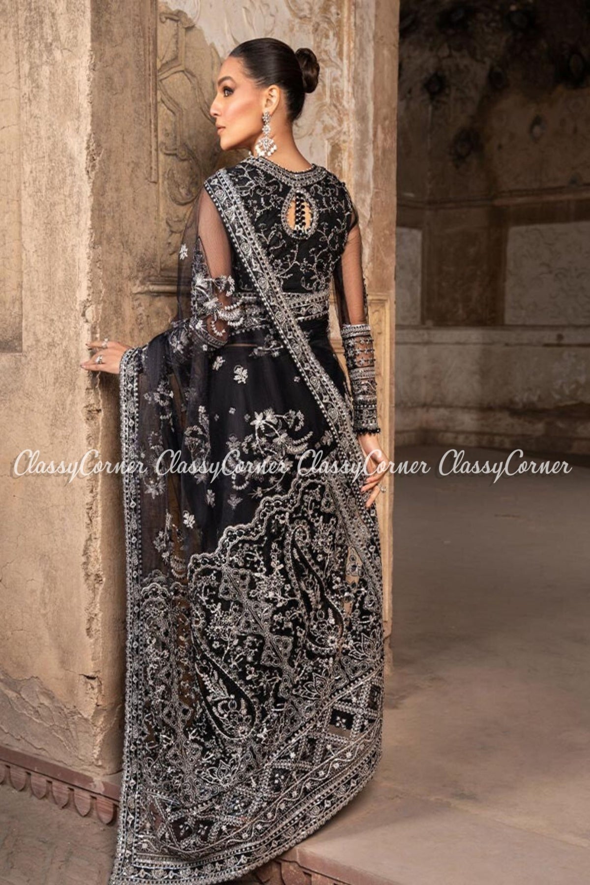 Black Silver Net Embellihed Party Wear Saree
