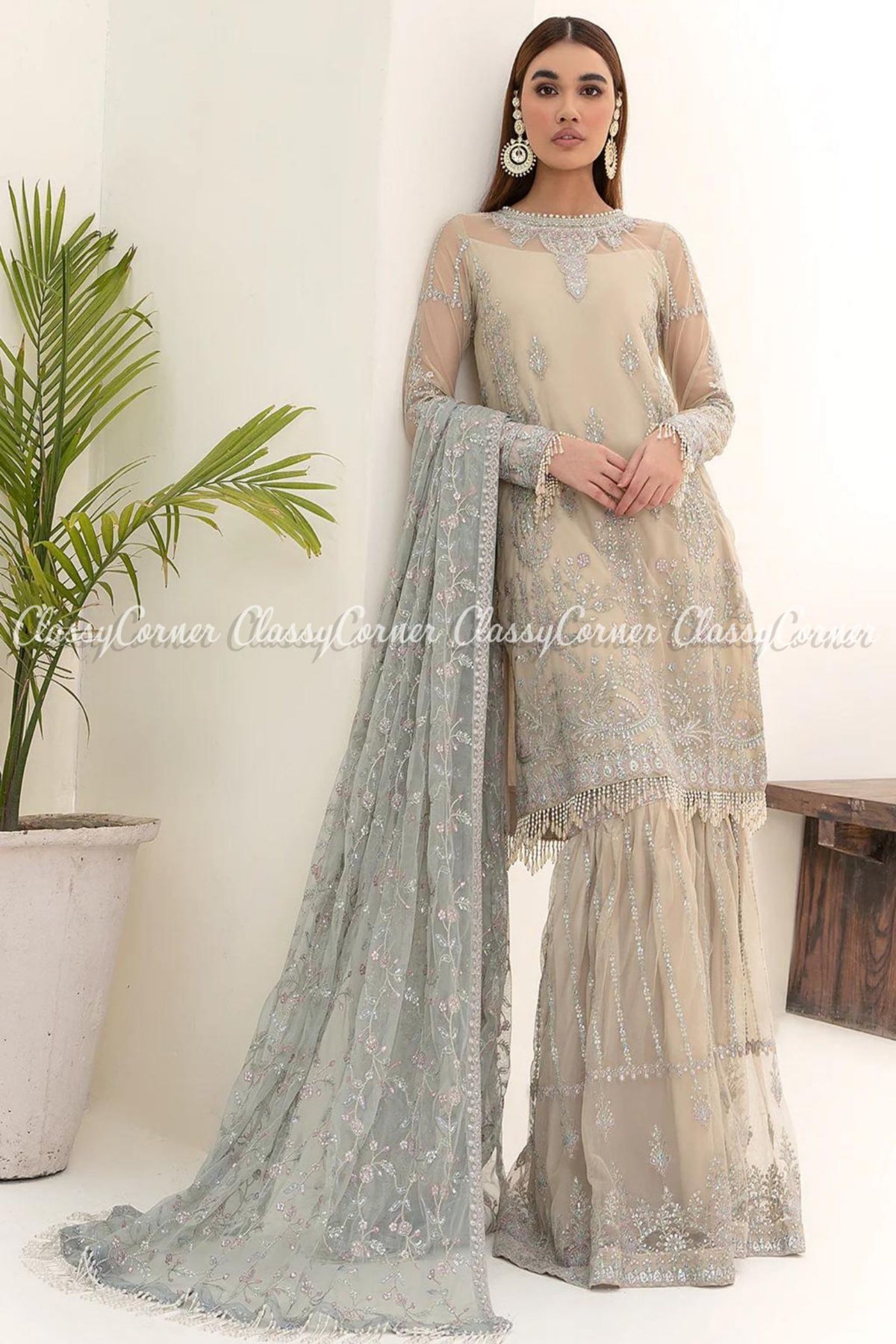 Cream Beige Grey Net Embroidered Wedding Wear Gharara