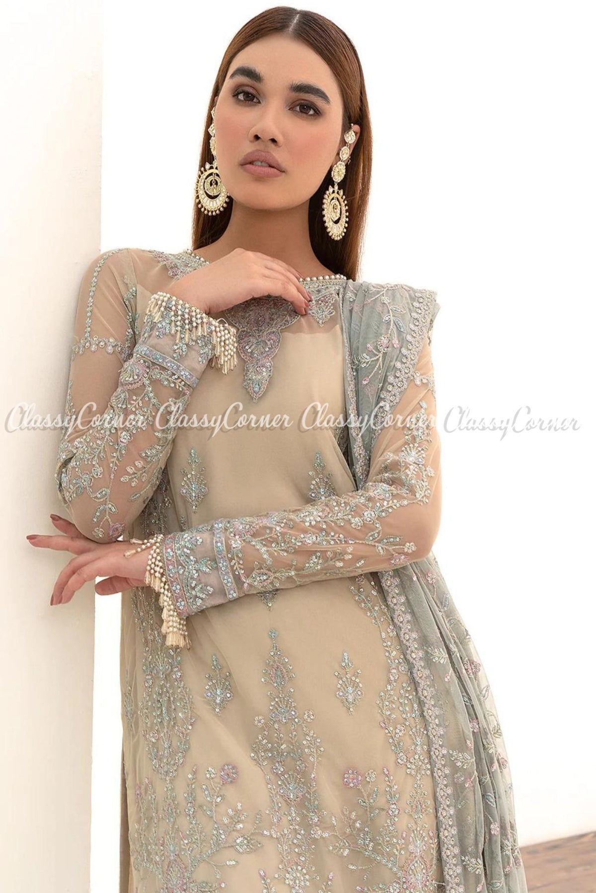 Cream Beige Grey Net Embroidered Wedding Wear Gharara