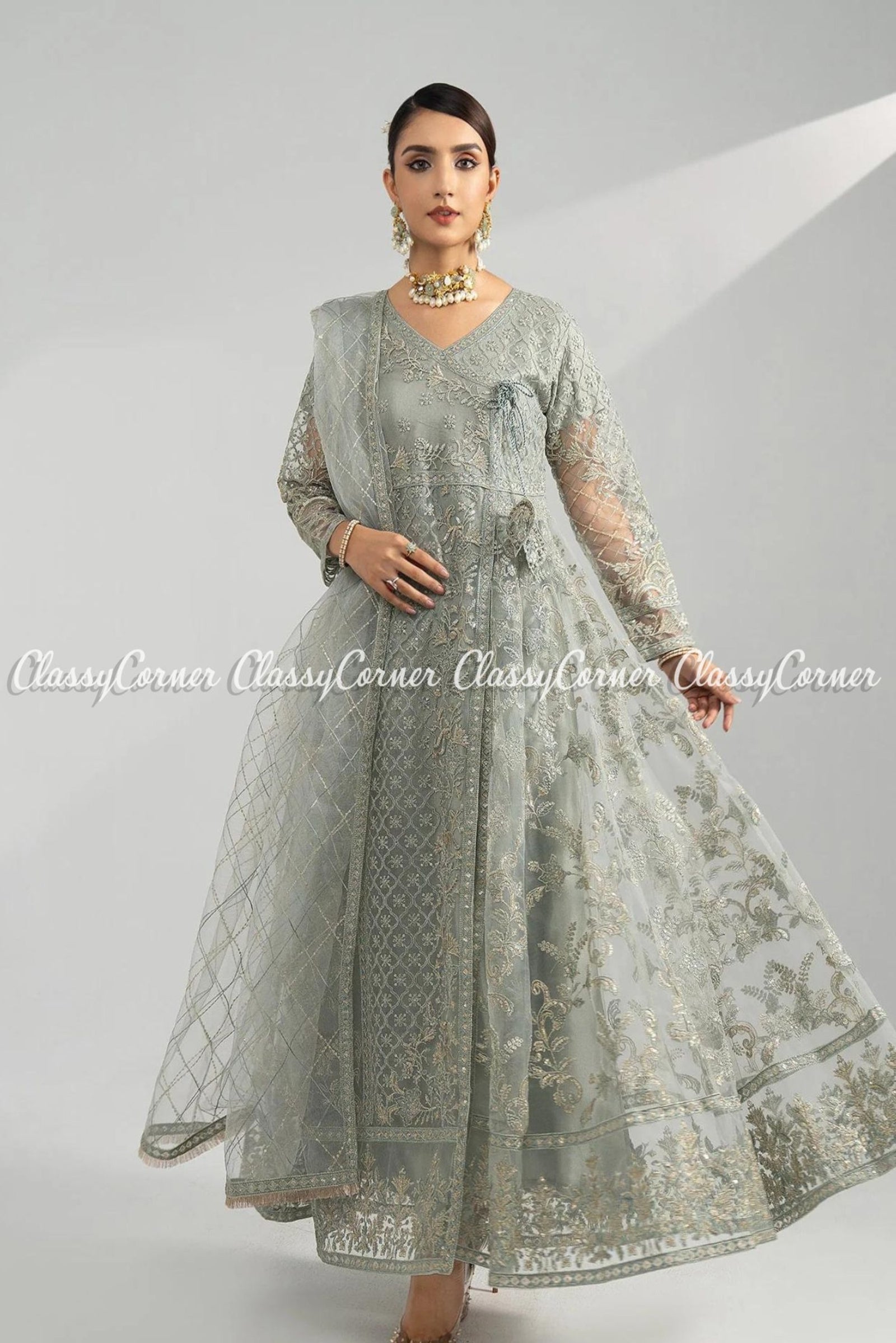 Grey Heavy Net Embroidery Anarkali Gown Online | Bagtesh Fashion
