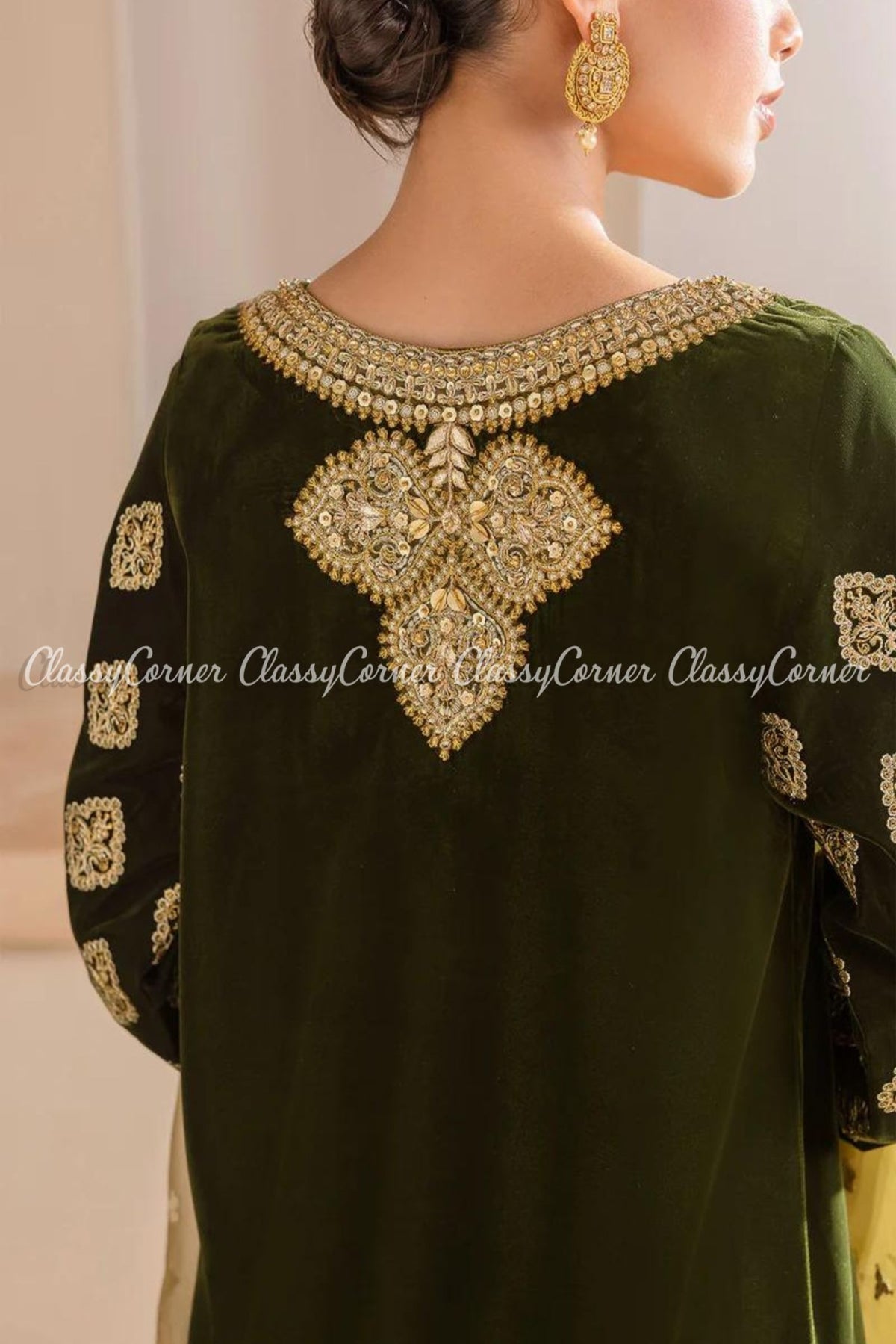 Green Golden Embroidered Velvet Pakistani Salwar Kameez