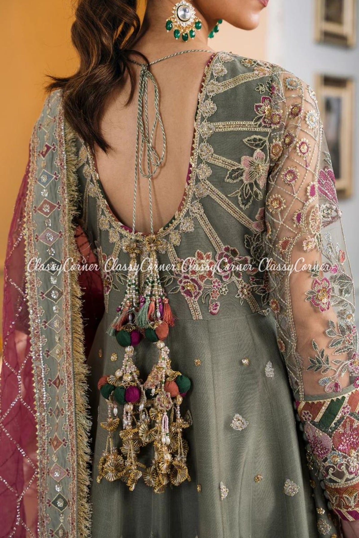 Sage Green Multi Net Embroidered Party Wear Gowns