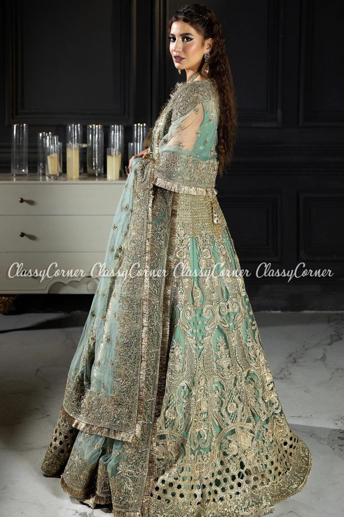 Pakistani Aqua Green Net  Wedding Wear Gown