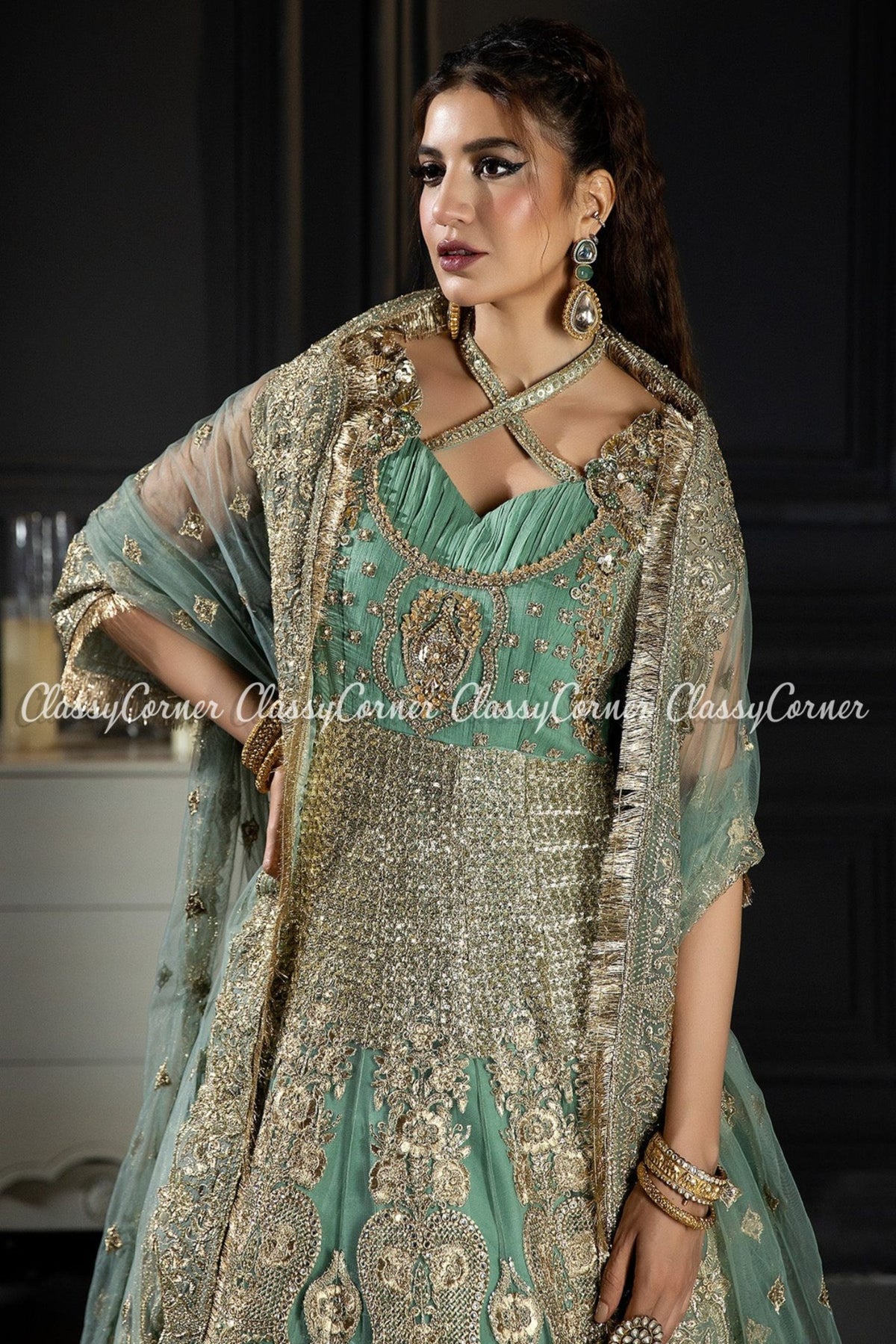 Pakistani Aqua Green Net  Wedding Wear Gown