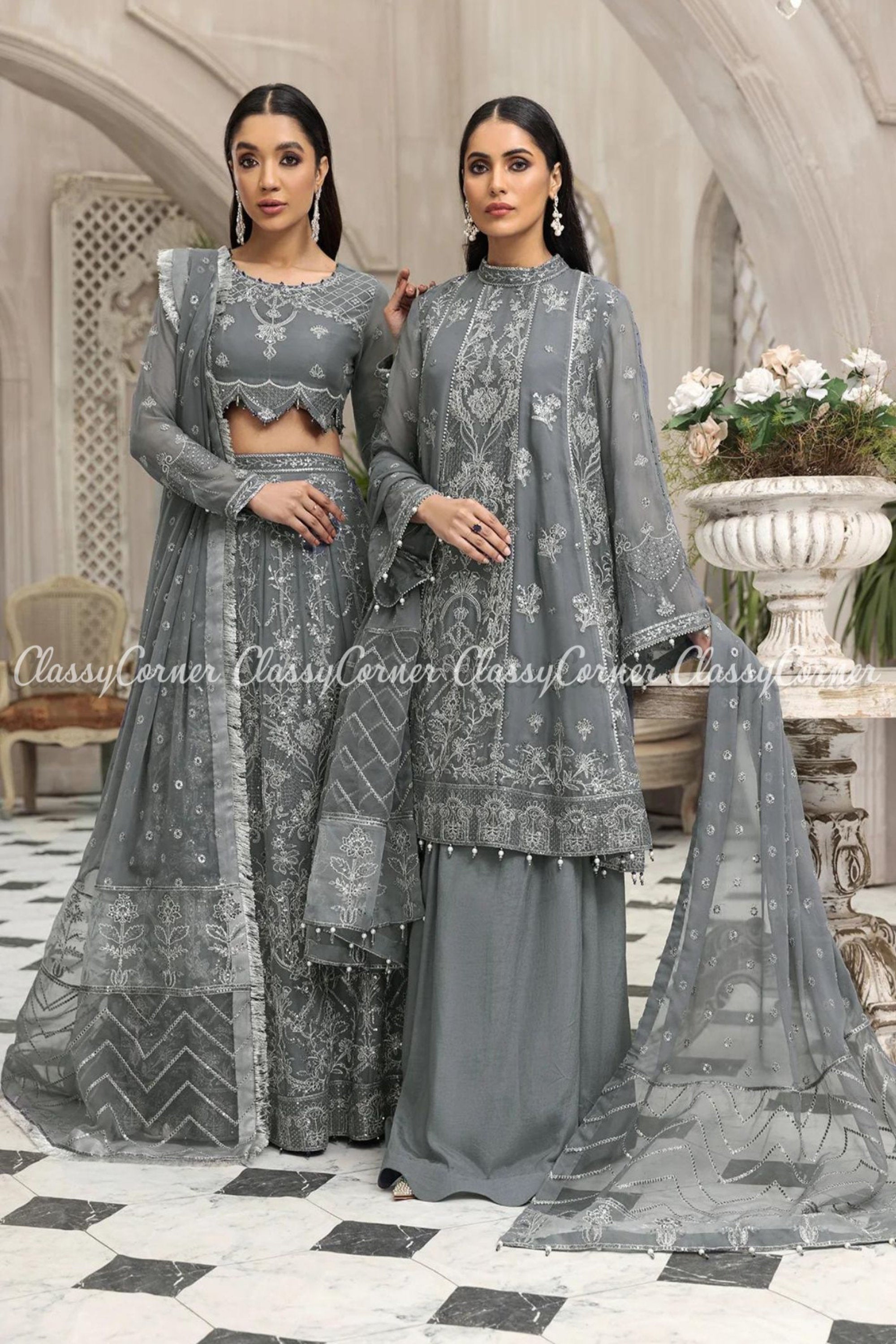 Grey Designer Party Wear Soft Net Wedding Suit