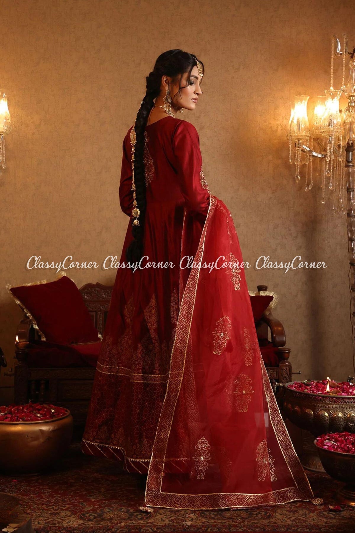 Maroon Red Katan Embroidered Maxi Outfit