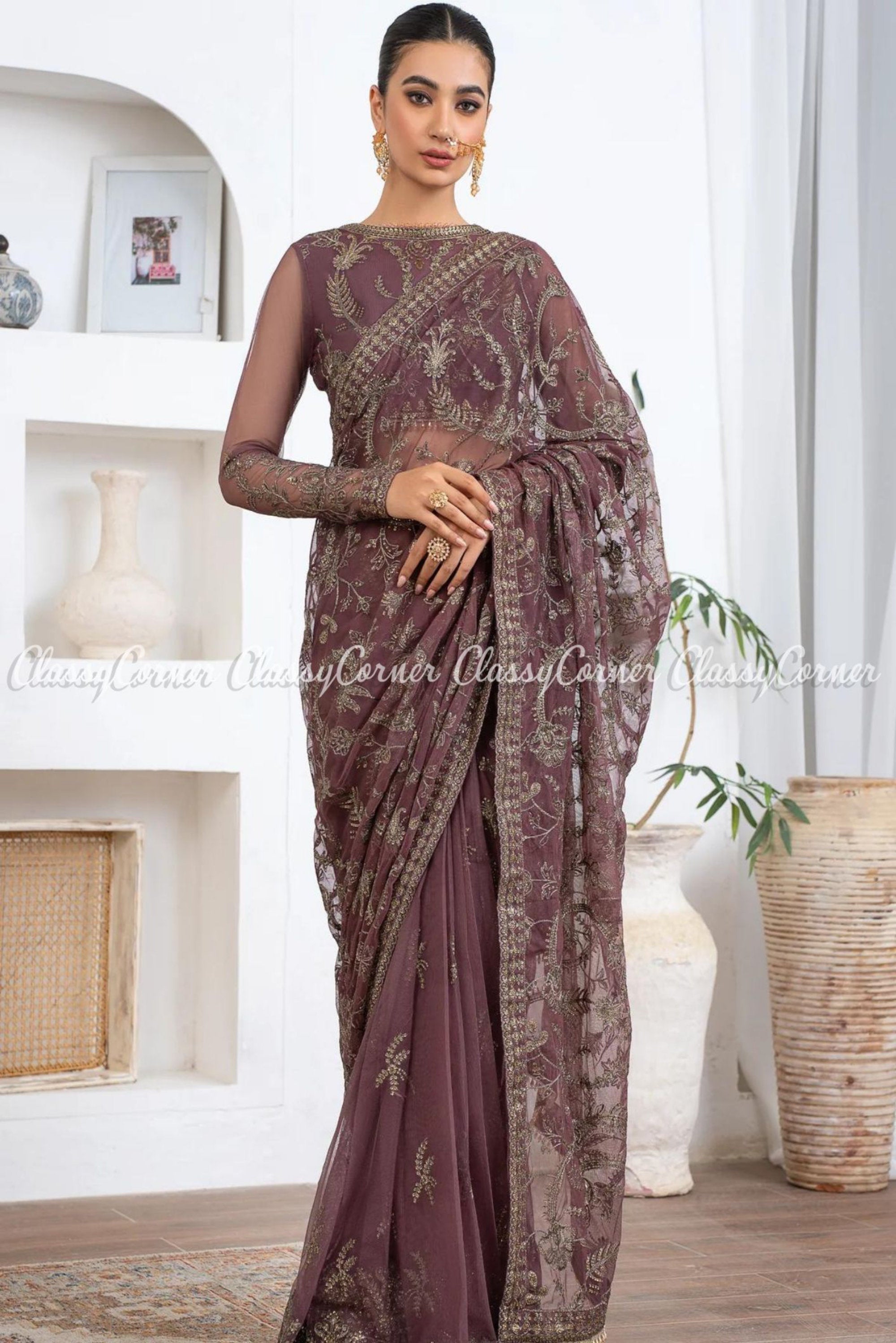 Buy Plus Size Maroon Insta Saree Dress With Embroidered Belt Online - Shop  for W