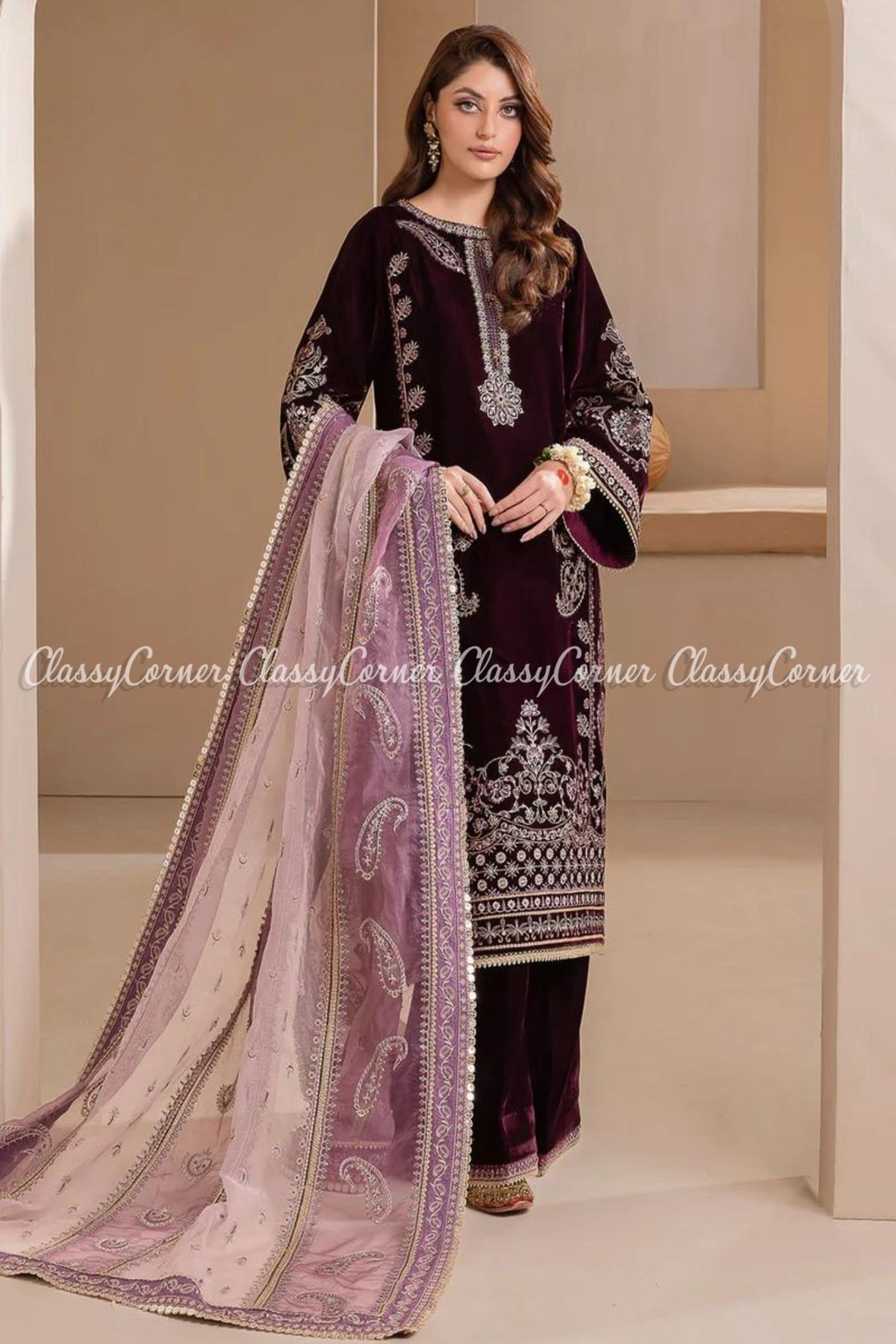 Pakistani Purple Velvet Embroidered Wedding Wear Salwar Kameez