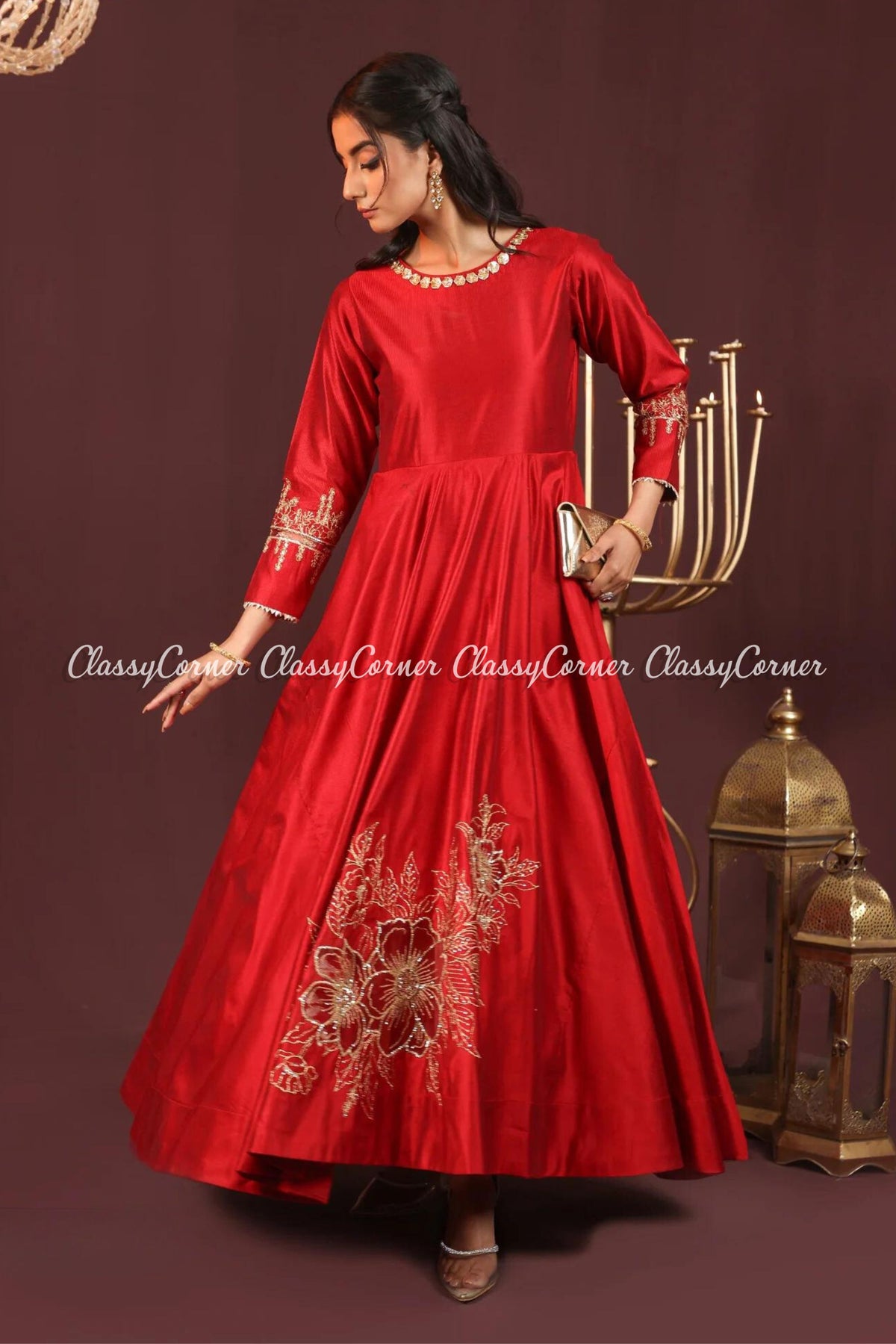 Red Golden Katan Embroidered Frock