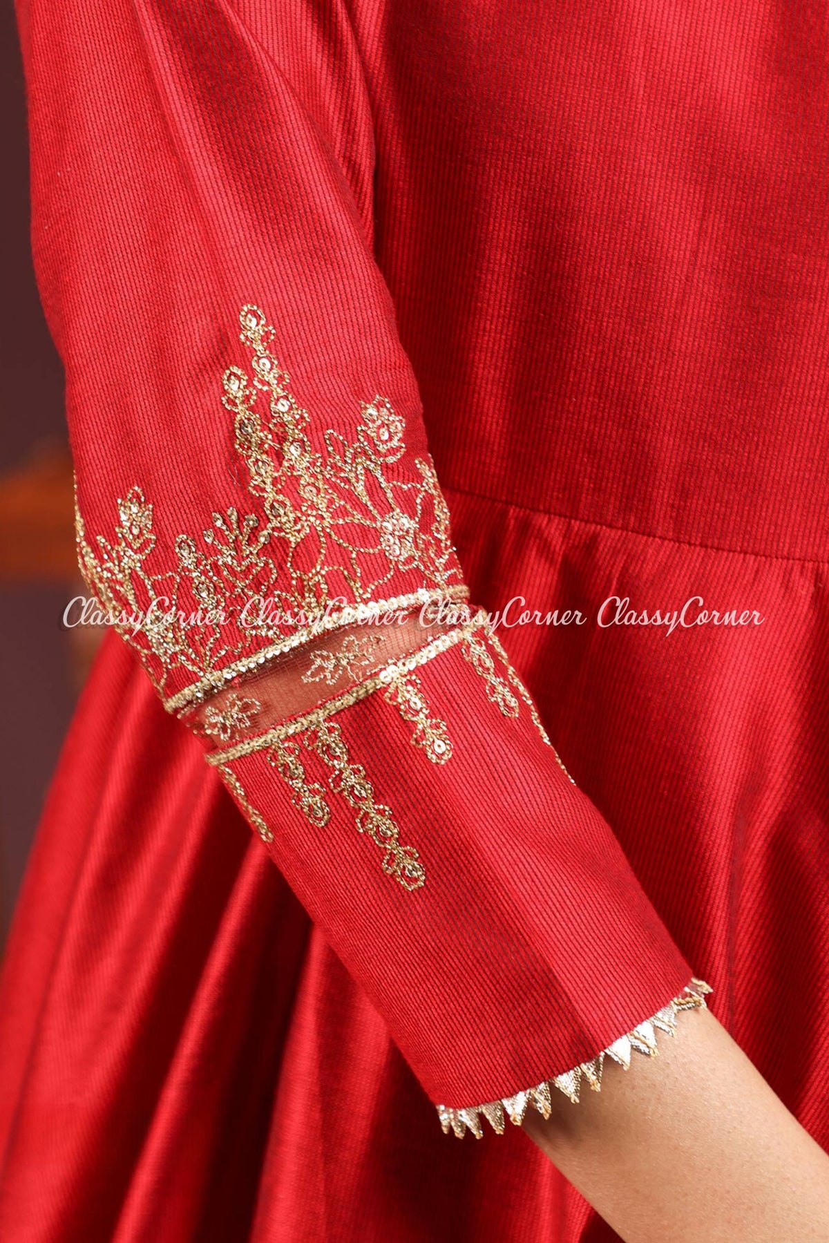 Red Golden Katan Embroidered Frock