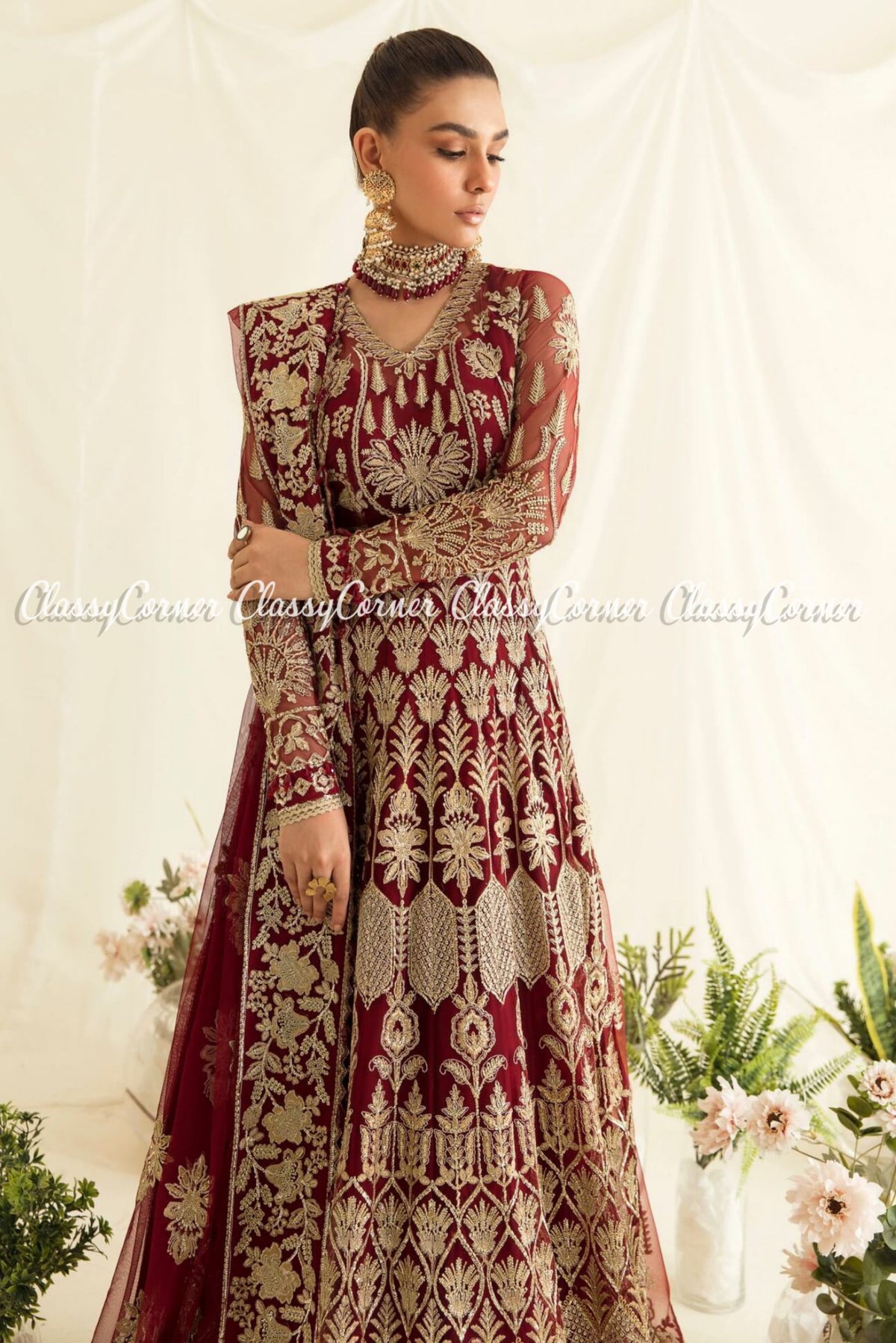 Red Golden Chiffon Embroidered Party Wear Gown