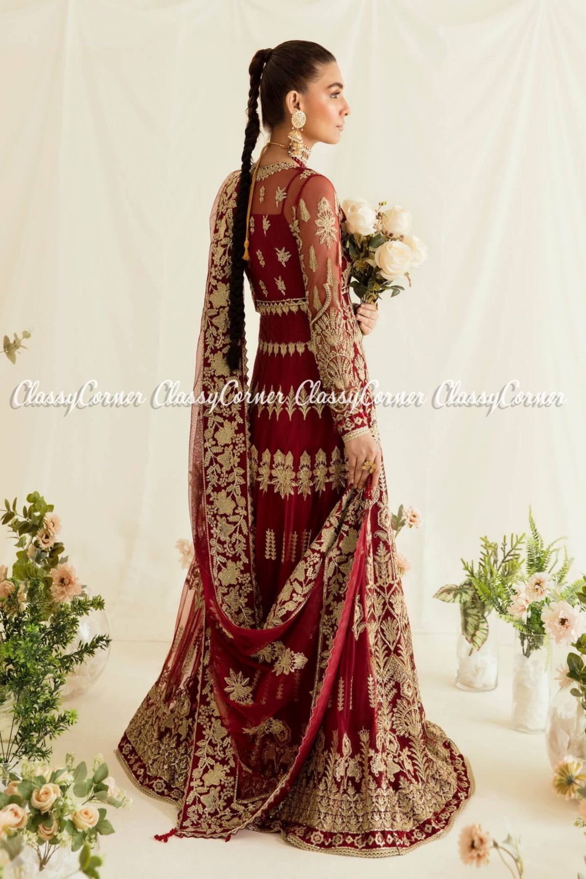 Red Golden Chiffon Embroidered Party Wear Gown