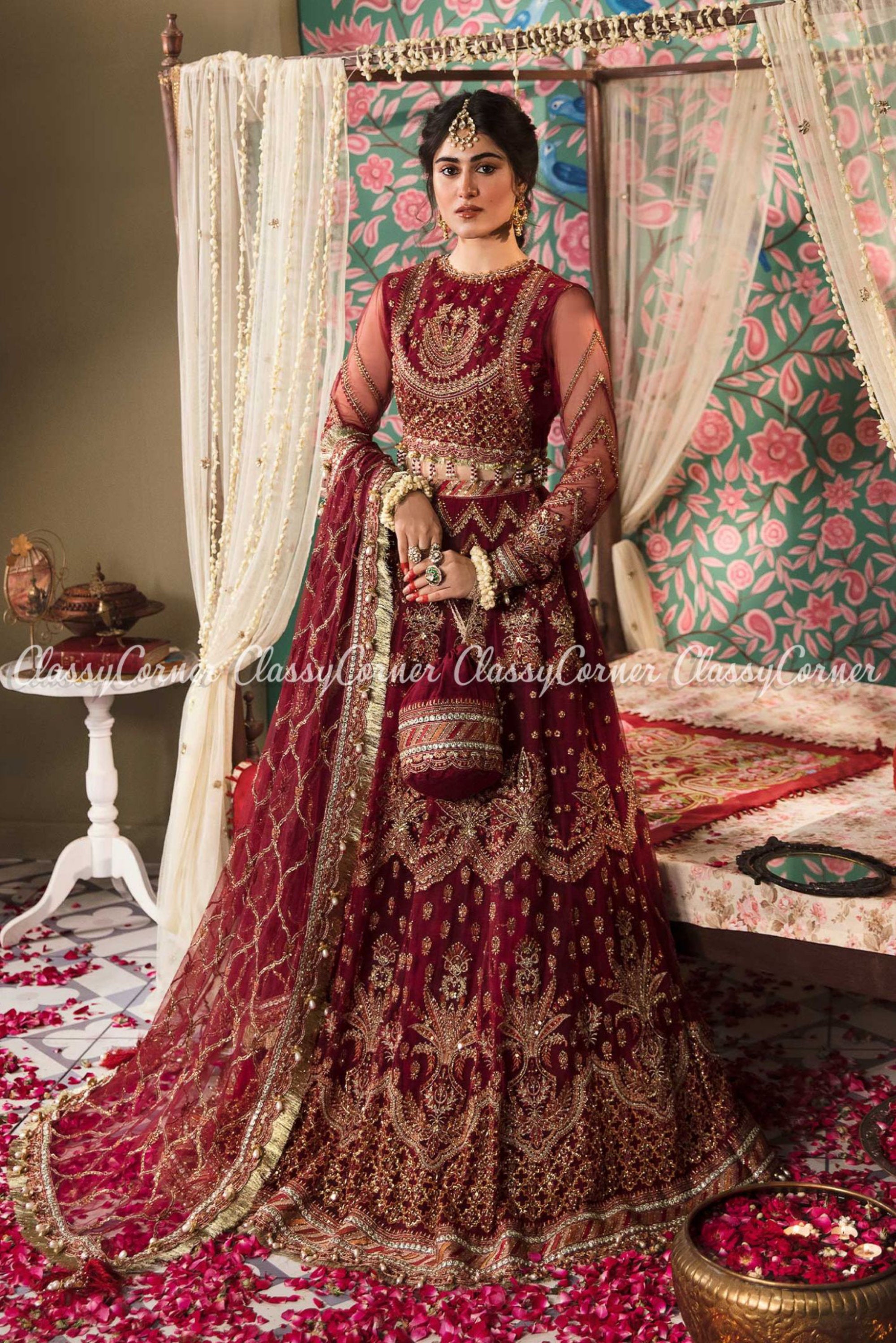 Buy Lehenga Choli | Rouge Red Zari Embroidered Bridal Lehenga Choli