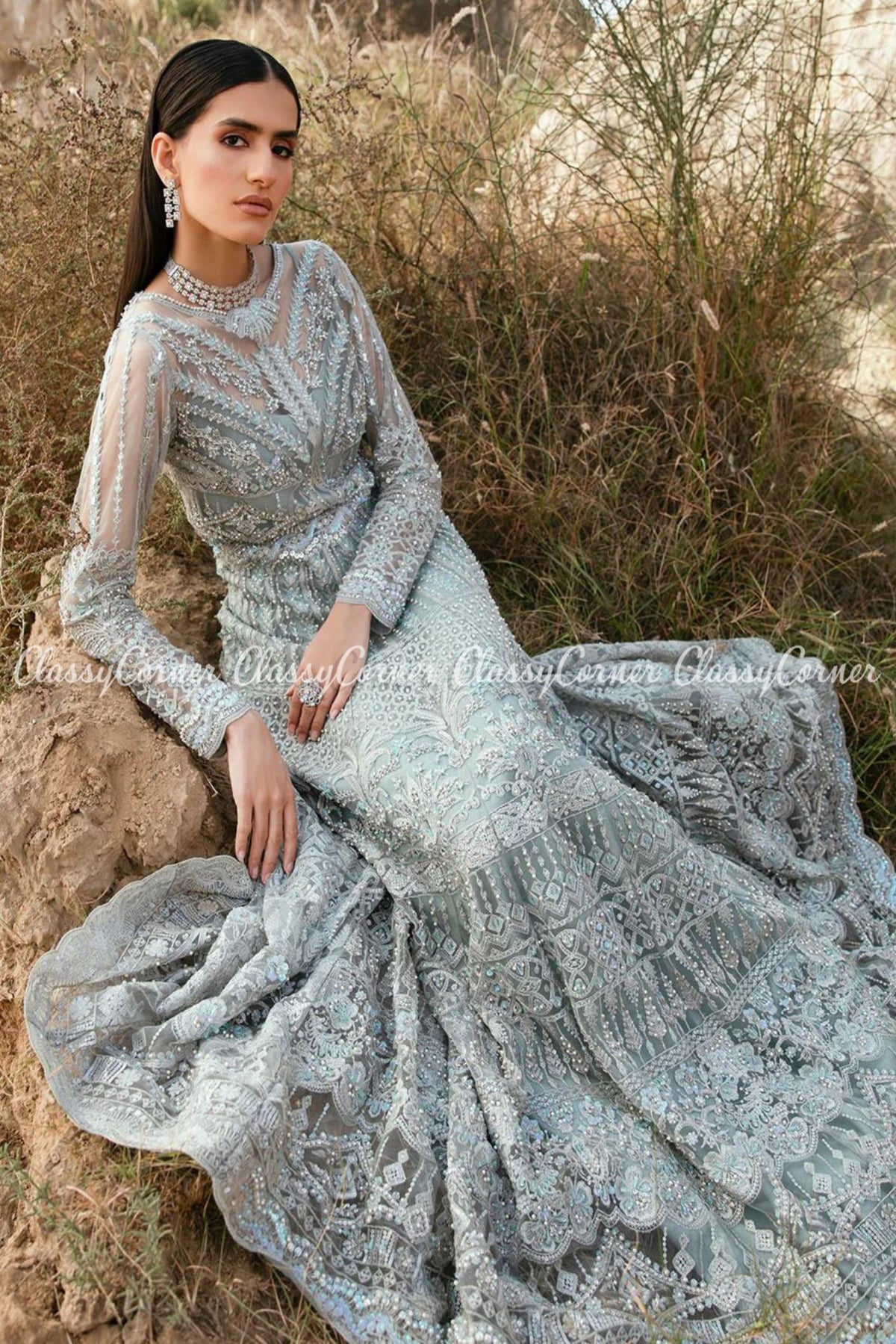 Silver Grey Net Embroidered Wedding Wear Gown