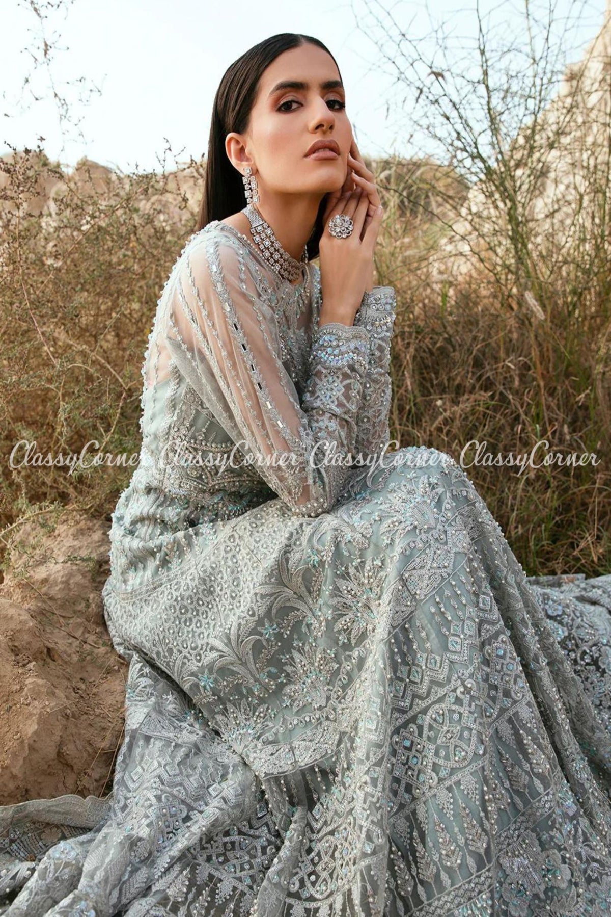 Silver Grey Net Embroidered Wedding Wear Gown