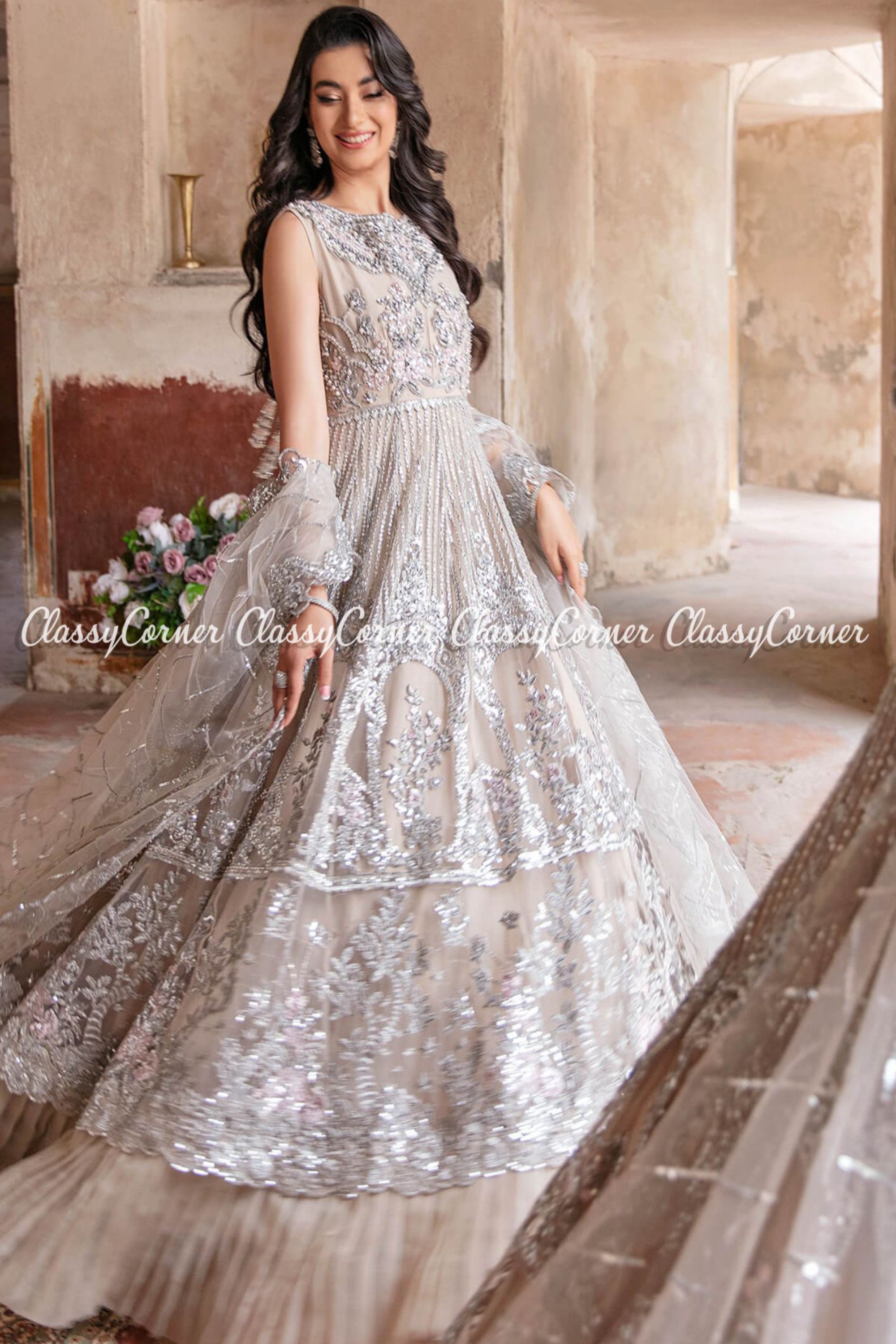 Pakistani Beige Pink Net Embroidered Gown Dress - Classy Corner