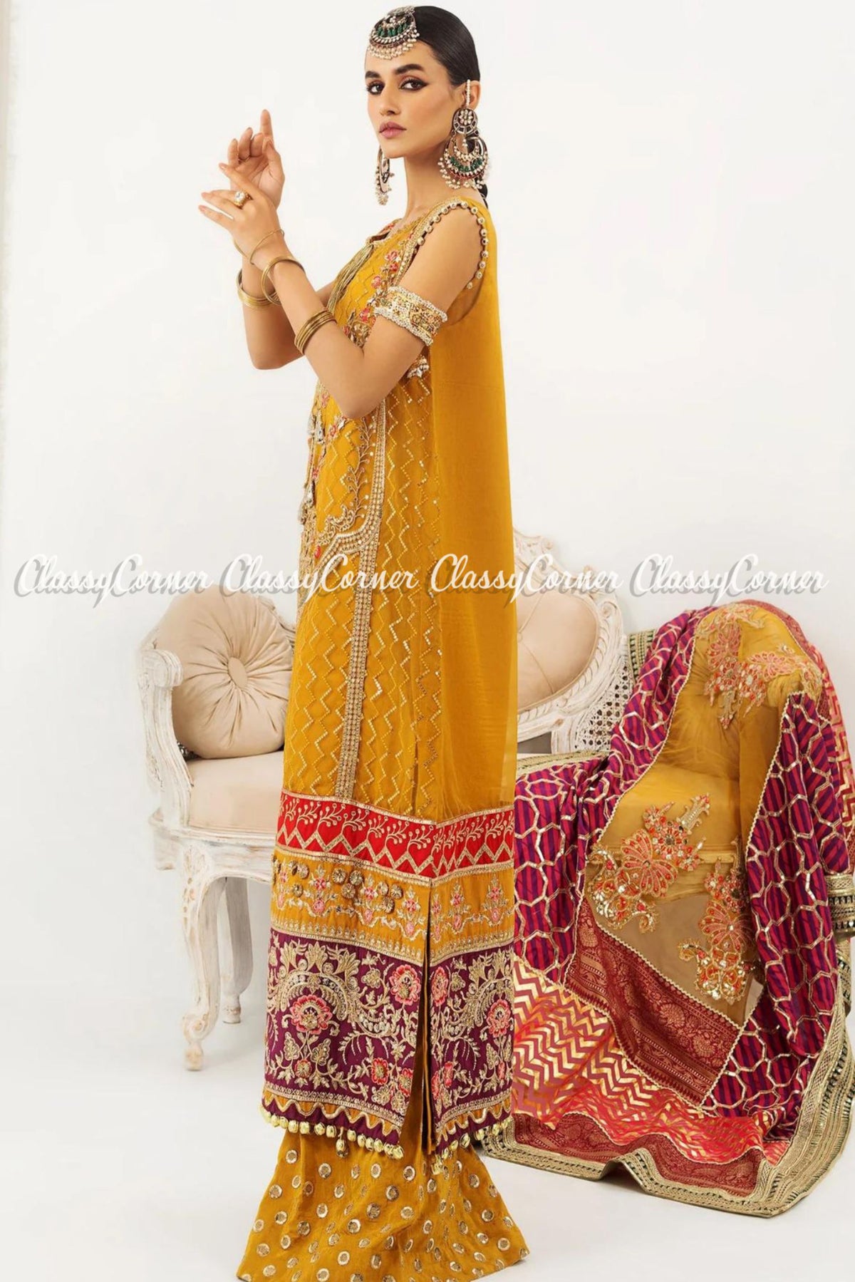Yellow Golden Organza Embroidered Pakistani Sharara Outfit