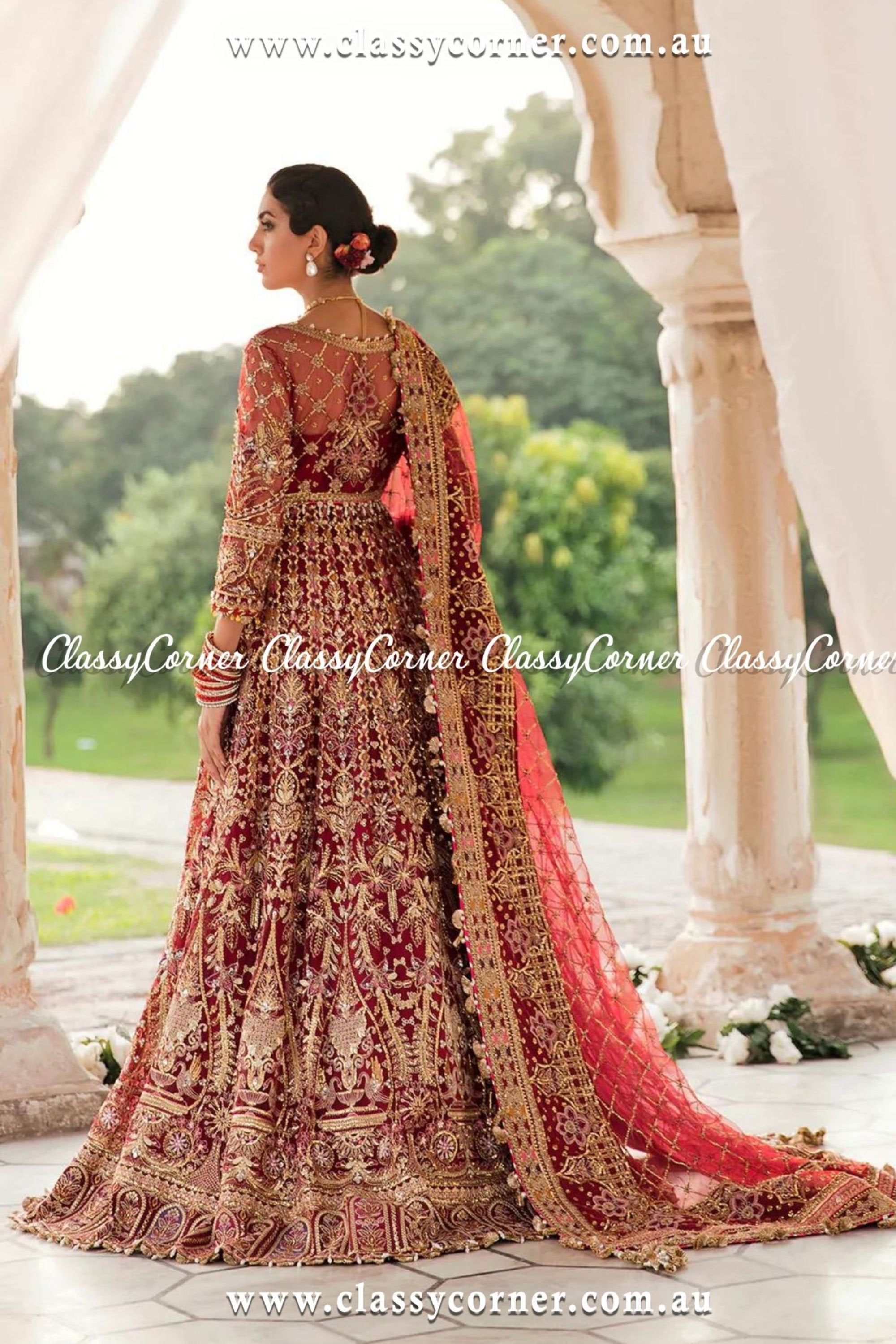 Beautiful bridal open maxi in red color with dull golden and antique golden  work Model# W 1194 | Pakistani bridal dresses, Red bridal dress, Bridal  dresses pakistan