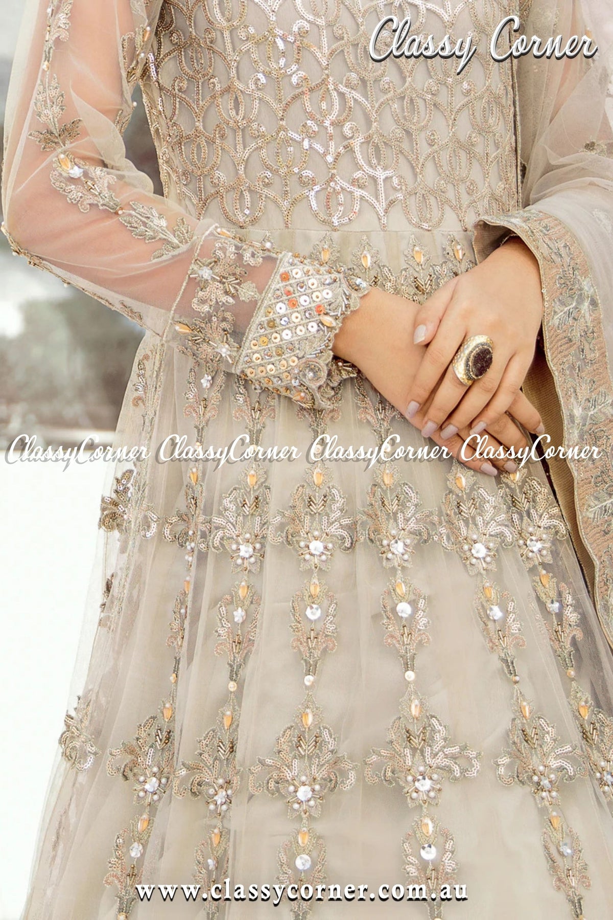 Beige Cream Pakistani Formal Party Gown - Classy Corner