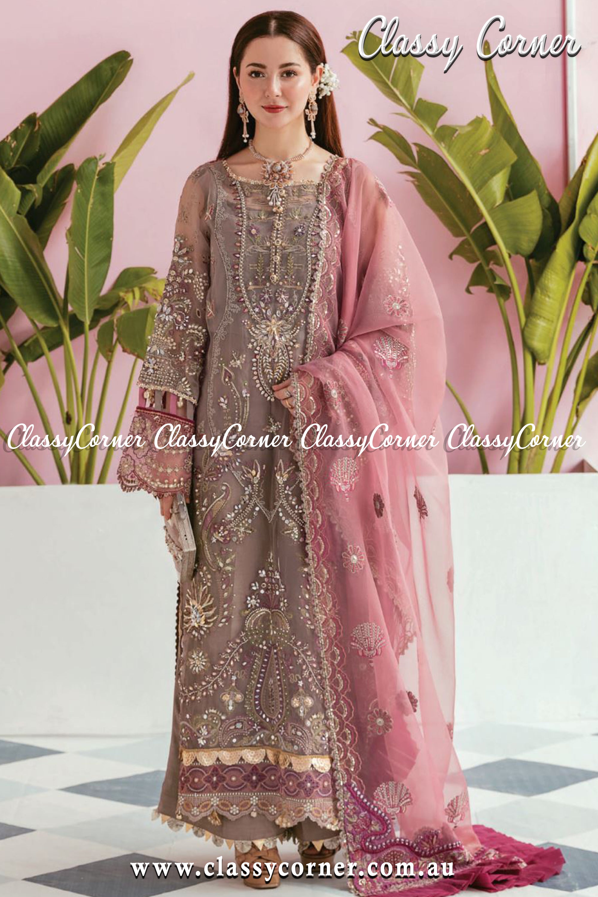 Mauve Magenta Organza Pakistani 3pc Outfit - Classy Corner