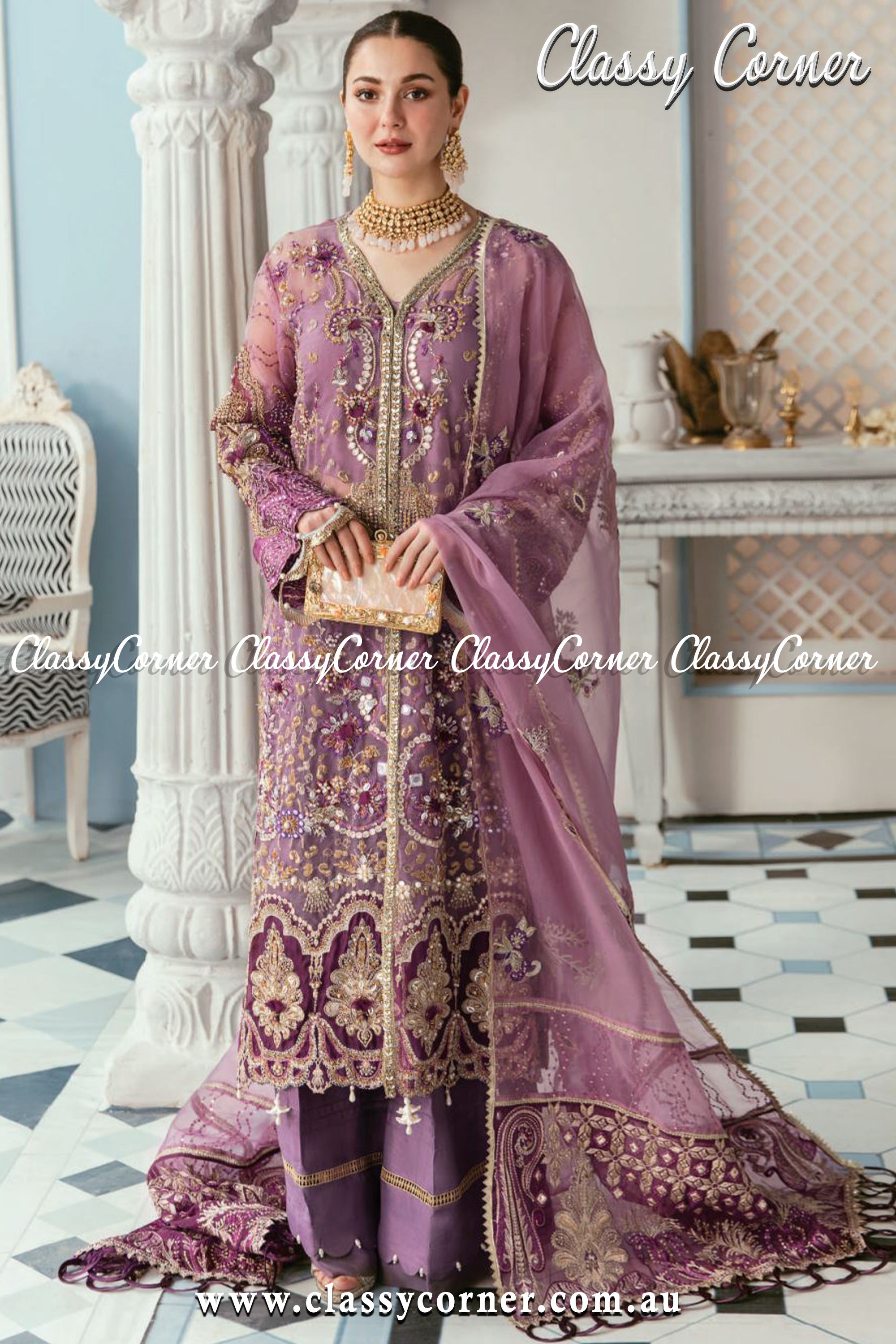 Purple Gold Organza Salwar Kameez - Classy Corner