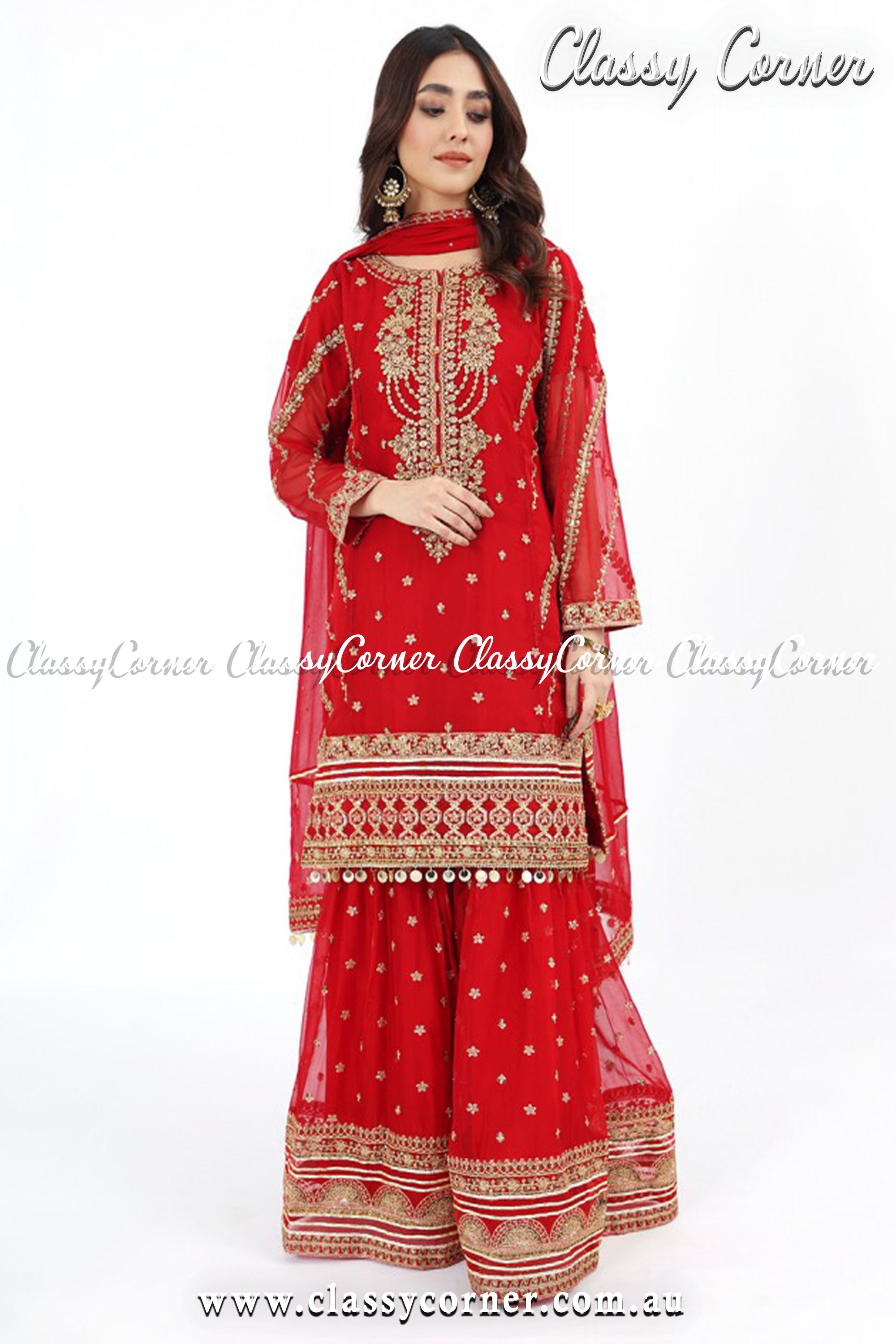 Red Gold Chiffon Gharara Outfit - Classy Corner